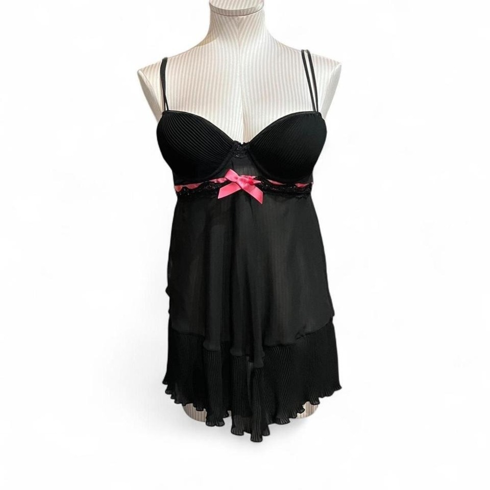 Y2K Enchanted lingerie mini dress with black lace and pink ribbon details.